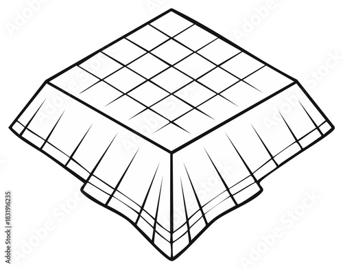 Stylized Isometric Square Table Covered with Checked Tablecloth Outline