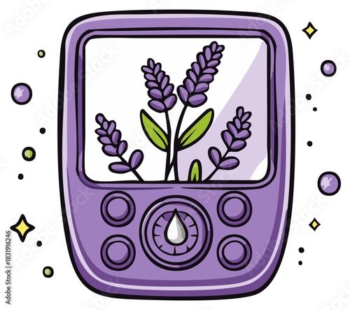 Aromatherapy diffuser displaying lavender flowers and emitting soothing bubbles