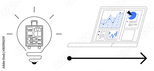 Light bulb with organized suitcase and glowing lines beside laptop showing data analytics. Ideal for technology, innovation, organization, travel planning, efficiency, data-driven decisions