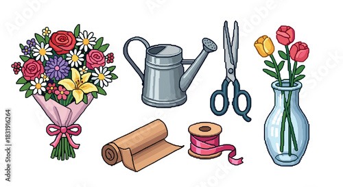 Colorful florist equipment and tools set with a bouquet, watering can, scissors, vase, paper, and ribbon in a cartoon pixel art style,