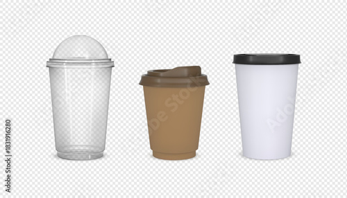Takeaway drink packages mock up 3D vector set, craft paper and transparent plastic cups, coffee tea cup with plastic lid
