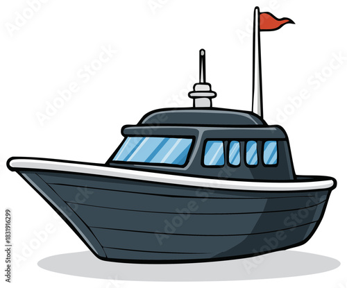 Stylized cartoon illustration of a blue motorboat with a red flag on its mast.