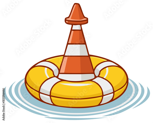 Buoy with cone in water illustration Yellow life ring with orange striped cone marker Cartoon design safety tool graphic