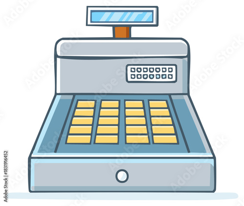 Simple cartoon illustration of a vintage cash register for retail checkout and sales