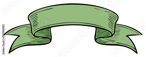 Decorative green ribbon banner illustration with curled ends, hand-drawn style