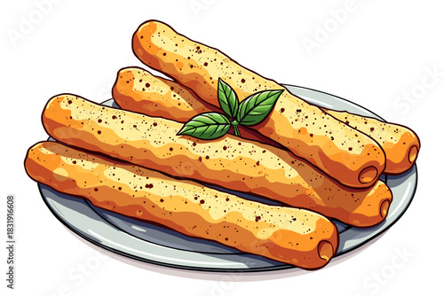 Delicious parmesan breadsticks served on a plate with fresh basil garnish