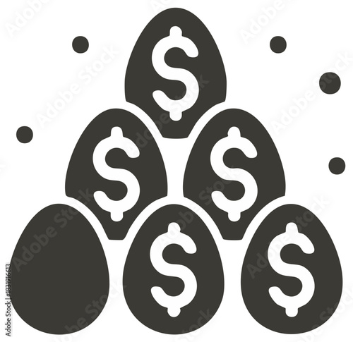 Investment eggs pyramid with dollar sign and scattered dots, wealth accumulation concept, solid glyph style design