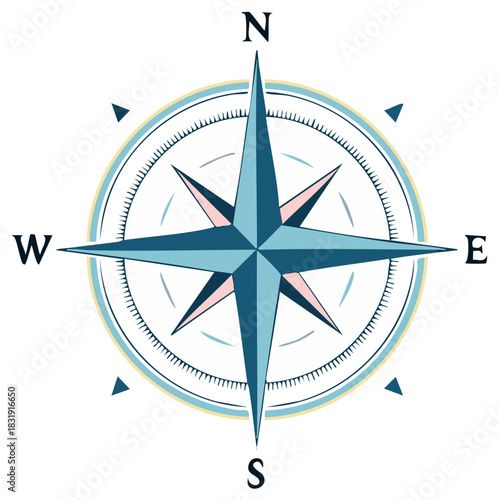 Navigation Compass Rose Graphic with Cardinal Directions in Blue, Cream and Light Pink