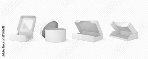 Realistic takeaway food packaging boxes, white clean mockup.