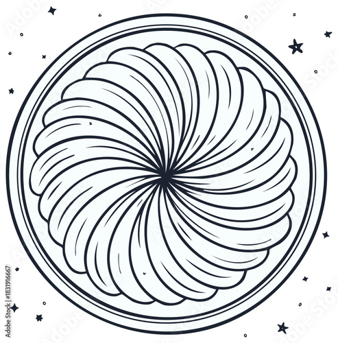 Cosmic swirl mandala line art illustration of a spiral galaxy with stars