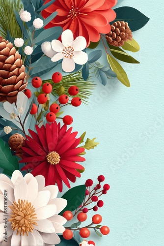 Festive floral arrangement with red and white blooms, pinecones, berries, and greenery on pastel background