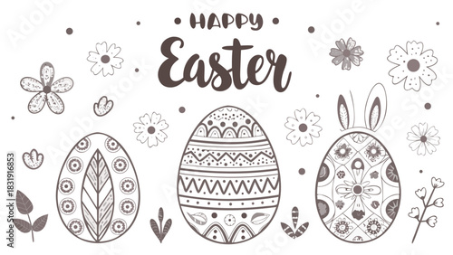 Happy easter greeting with decorative eggs flowers and bunny ears in a charming hand drawn doodle style on a white background