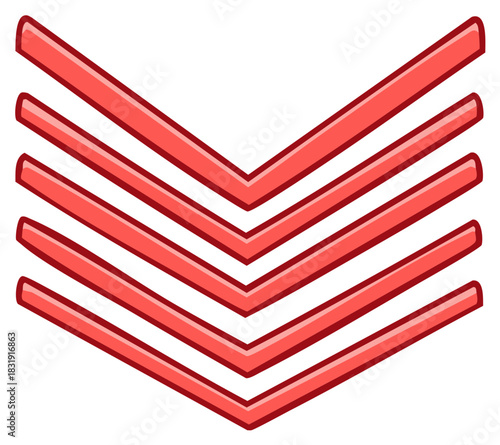 Five Red Stacked Chevrons Pointing Downward Design Element