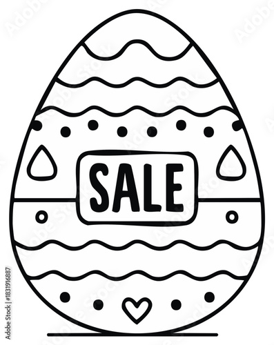 Easter egg with sale sign, black and white illustration with decorative patterns
