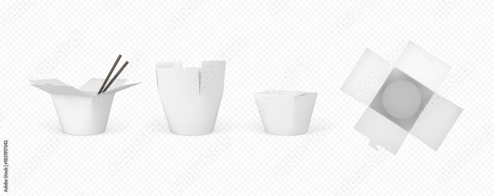 Obraz premium White cardboard takeout food boxes, open, closed, top and side views, with chopsticks.