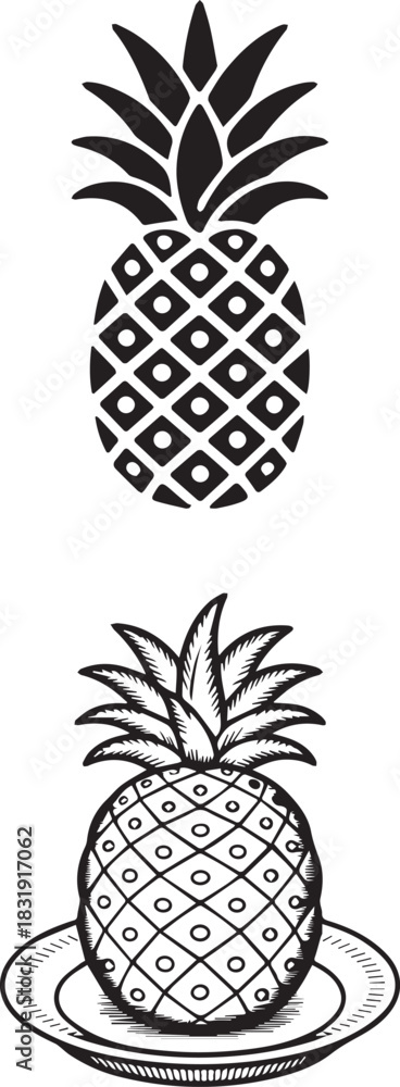 Fototapeta premium Black and white illustration of two pineapples, one whole and one on a plate