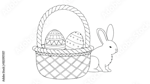 A charming black and white line drawing of an easter basket filled with decorated eggs next to a cute bunny perfect for coloring pages and holiday designs