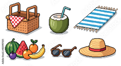 Pixel art collection of summer beach items including a picnic basket, fruit, coconut drink, and straw hat in a retro 8-bit style