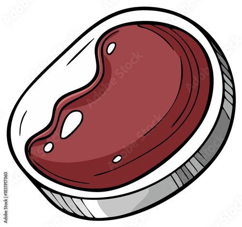 Cartoon illustration of a steak with an oval shape and stylized highlights on a plate