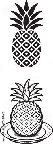 Black and white illustration of two pineapples, one whole and one on a plate