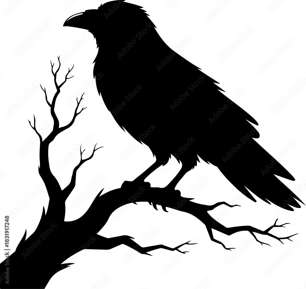 Naklejka premium raven sitting on a bare tree branch vector art