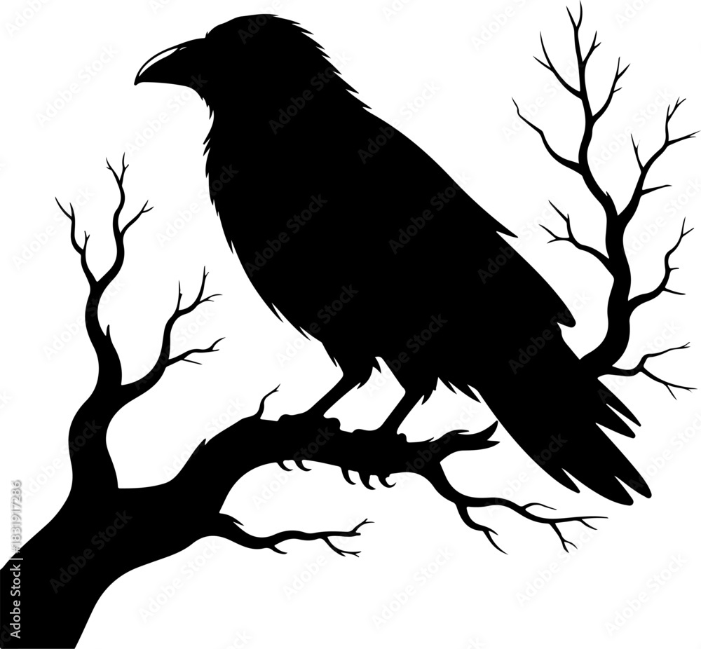 Naklejka premium raven sitting on a bare tree branch vector art
