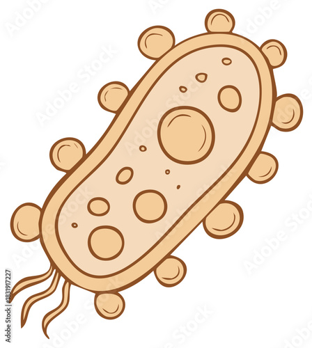 Illustration of bacteria cell microbe pathogen with flagella and appendages isolated on a white background