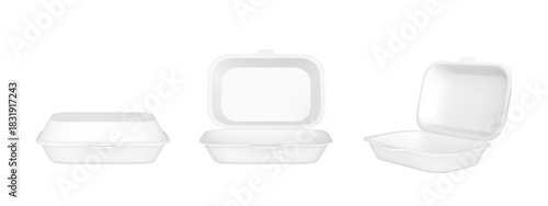 Takeaway container packages 3D vector mock up, realistic open and closed blank white foamed plastic lunch box, fast food