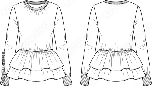 Fashion technical flat drawing vector illustration long sleeve sweater top women's clothing apparel design mockup peplum blouse tiered ruffle hem CAD template.