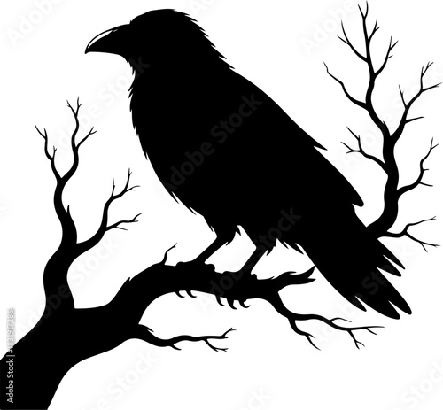 raven sitting on a bare tree branch vector art