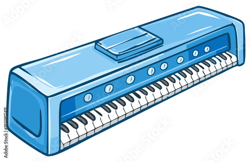 Cartoon illustration of a light blue electric keyboard with piano keys and circular buttons