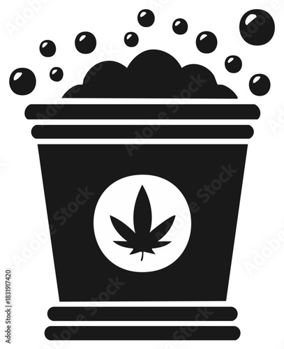 Black and white design of a cannabis container with foam and cannabis leaf graphic
