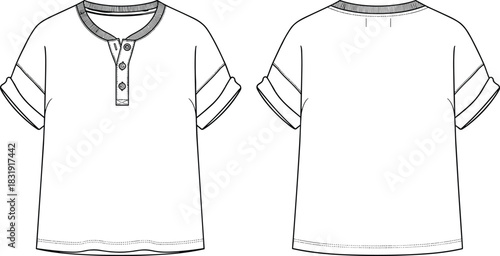 Fashion technical flat drawing vector illustration short sleeve henley t-shirt women's men's apparel design mockup rolled cuff button placket knit rib CAD template.