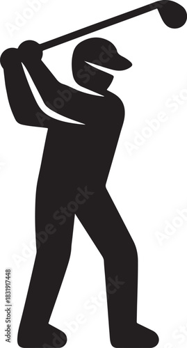 Bold vector silhouette of a golf player performing a swing, perfect for sports icons and graphic design.