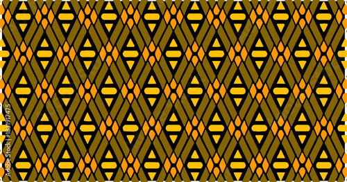 Yellow and brown geometric pattern with intersecting triangular shapes in a seamless grid.