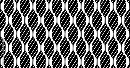 Black and white geometric pattern featuring repeated vertical oval-like shapes with bold striped fills.
