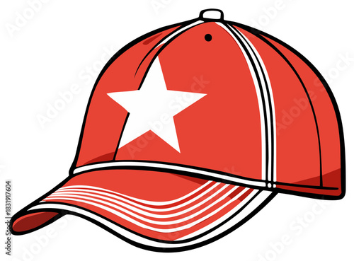 Red Baseball Cap with White Star Emblem and Striped Brim