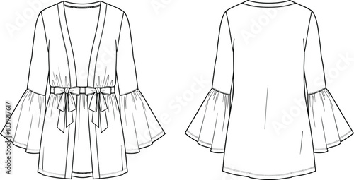 Fashion technical flat drawing vector illustration women's wrap top kimono jacket apparel design mockup bell sleeve tie waist open front elegant blouse CAD template.
