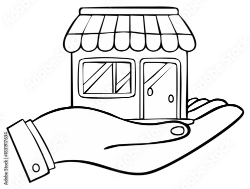 Simple line art drawing of a hand holding a small shop, a concept for supporting local business