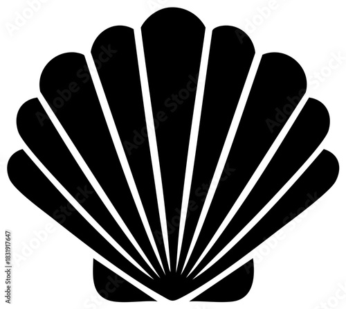 Simple black silhouette icon of a scallop seashell a minimal logo and graphic design element