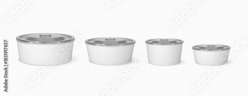 Set of blank food containers, vector different sizes of white paper bowls with plastic lid for takeaway food packaging