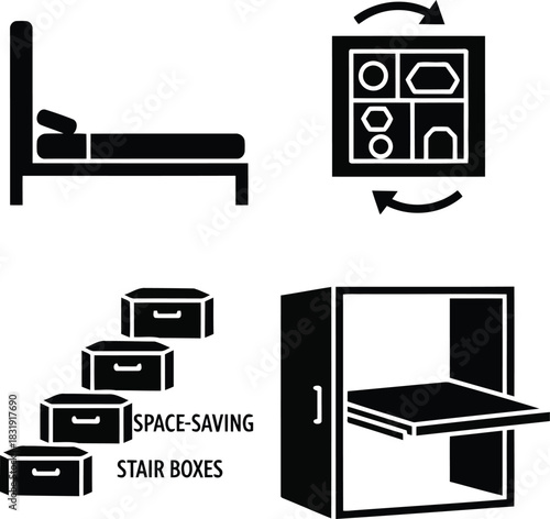 Bed with storage stair boxes and rotating cabinet icons