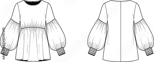 Fashion technical flat vector illustration of women’s gathered waist top with voluminous puff sleeves and ribbed cuffs for apparel design use