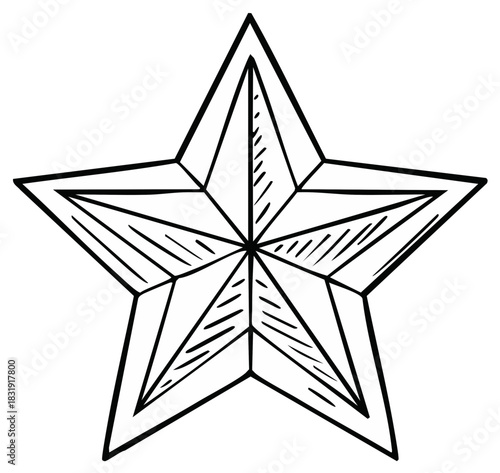 Black and white hand drawn five pointed star with geometric facets graphic design element