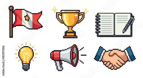 Pixel art business and achievement icon set with flag, trophy, notebook, lightbulb, megaphone, and handshake in a retro 8-bit video game style