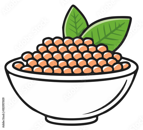 Bowl of chickpeas with green leaves and a simple white background illustration