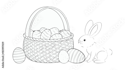 A charming line art illustration of a woven easter basket overflowing with decorative eggs accompanied by a cute bunny and scattered eggs perfect for spring celebrations and holiday designs
