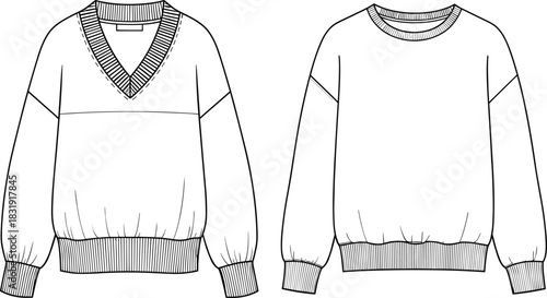 Fashionable Women's Oversized V-Neck and Crewneck Sweater Technical Flat Sketch CAD Drawing with Contrast Ribbing, Dropped Shoulders, and Wide Cuffs Vector