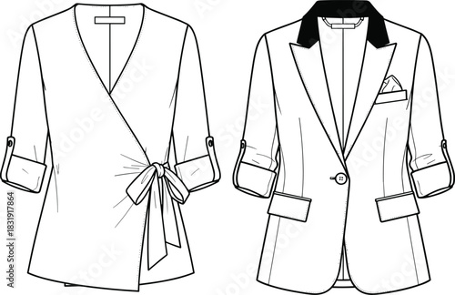 Fashionable Women's Versatile Blazer and Wrap Top Technical Flat Sketch CAD Drawing Template with Rolled-Up Sleeves, Contrast Collar, and Tie-Front Detail Vector
