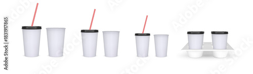 Takeaway cup packages mock up 3D vector set, white cup with black plastic lid and straw for cold soda, juice drinks